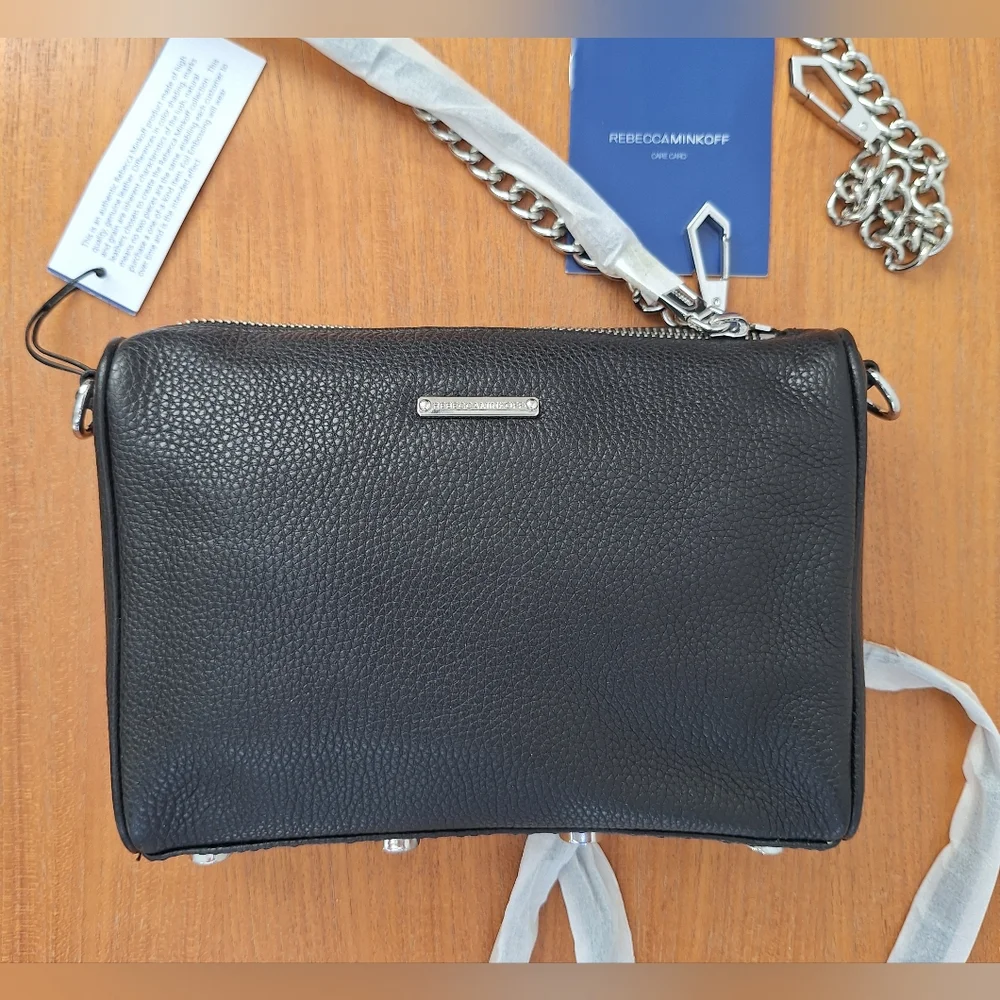 Rebecca Minkoff Mini 5 Zip Leather Crossbody Metal Chain Black Edgy Punk NEW - Picture 6 of 13